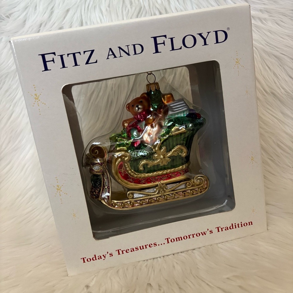 Fitz and Floyd Green Sleigh with Toy Bag Blown Glass Ornament